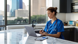 Medical Professional Sitting At Kitchen Counter in Houston Apartment